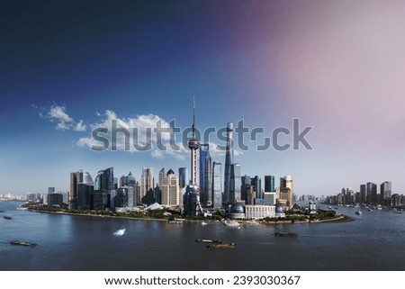 shanghai skyline and sunny sky, beautiful huangpu river and pudong financial center