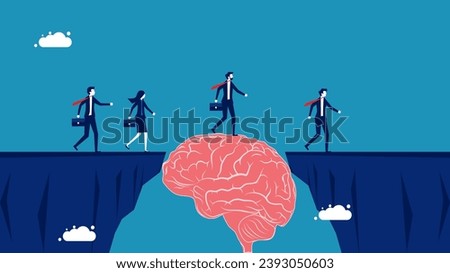 Brainstorming to fight crisis. team of businessmen walks across a brain bridge over a cliff