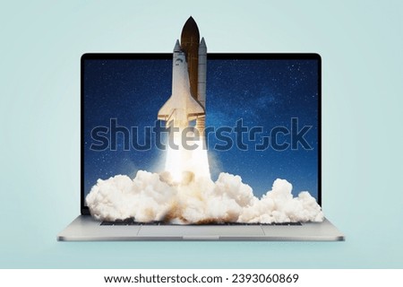 Creative laptop and rocket with smoke and blast lift off up, creative idea. Boosting applications and workflows, concept. Launching the shuttle spaceship from a laptop. Startup and rapid growth Royalty-Free Stock Photo #2393060869