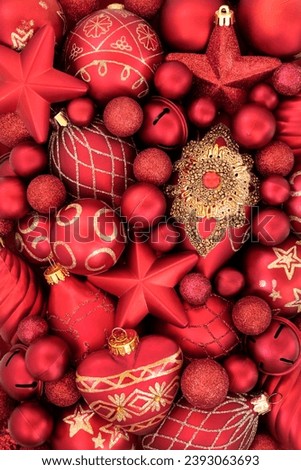 Christmas luxury red gold bauble tree decorations abstract background, Festive Merry Christmas traditional design for greeting card.