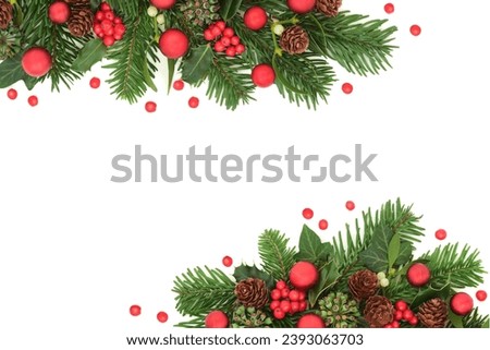 Christmas winter greenery background border with red holly berries, fir, mistletoe, ivy, pine cones on white background. Festive nature greeting card design for New Year, Yule, Noel.