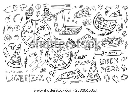 Cute set of pizza, Italian cuisine, slice of pizza, pizza box, satisfied cook. Pizza lover. Doodle style. Hand drawn. Great for menu design, banners, sites, packaging. Vector illustration EPS10