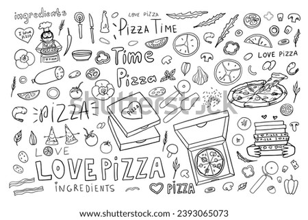 Big set of pizza, Italian cuisine, pizza ingredients, pizza box and lettering. Doodle style. Hand drawn. Great for menu design, banners, sites, packaging. Vector illustration EPS10
