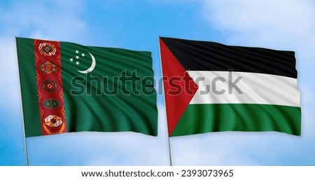 The flags of Turkmenistan and Palestine are lined up, with a clear sky in the background