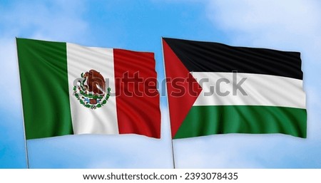 The Mexican and Palestinian flags are lined up, with a clear sky in the background