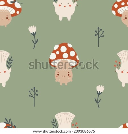 Vector seamless pattern with kawaii toadstool and agaric mushroom creatures, hand drawn cute background
