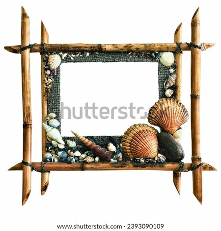 picture frame made of bamboo and seashells isolated on white background
