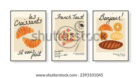 Bakery hand drawn vector illustration in a poster frame with french quotes 'Croissants. Please' and 'Good morning! Parisian Bakery'. Art for poster design, postcards, branding, background.