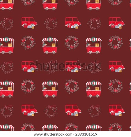 Christmas pattern with car and gifts, hand drawn New Year print, Santa Claus transport.