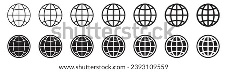 Globe icon, WWW world wide web set site symbol, Internet collection icon, website address globe, outline signs.