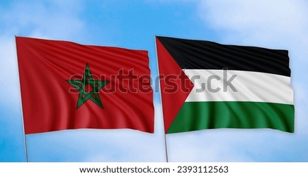 The flags of Morocco and Palestine are lined up, with a clear sky in the background