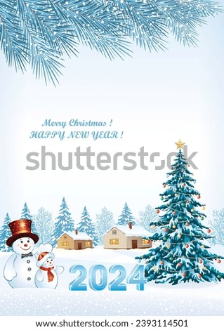 Happy New Year 2024. Christmas tree and snowmen against the backdrop of winter snowy landscape. Festive background, postcard for congratulations with Christmas holidays. Vector 3d illustration