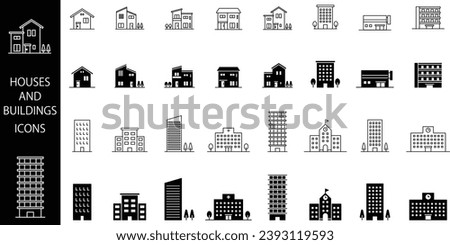 Vector Set of Line Drawings and Silhouettes of Houses and Buildings Royalty-Free Stock Photo #2393119593