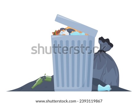 Overflowing trash can. Food garbage in waste bin with nasty smell. Rubbish dump and trash recycling, black bags with trash. Vector illustration Royalty-Free Stock Photo #2393119867