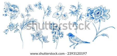 Beautiful floral set with hand drawn watercolor wild blue and white herbs and flowers. Stock illustration.