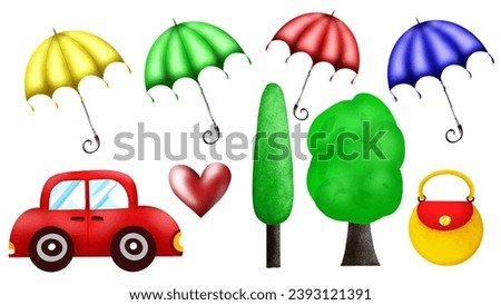 a set of handmade drawings on a children's theme, a car, a bag, trees and umbrellas, clipart, isolated on a white background