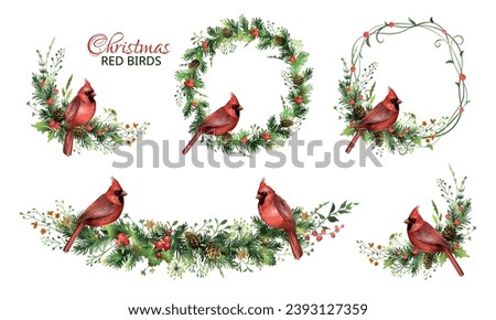 Christmas set with garlands, pine wreaths and red cardinal birds. Vector illustration. Royalty-Free Stock Photo #2393127359