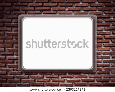 Mockup white rectangle frame hanging on vintage old grunge red brick wall texture. Empty square space with round corners for horizontal photo poster or artwork on dark modern concrete wall background.