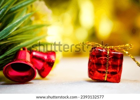 Christmas and New Year background. Xmas pine fir lush tree. Candy cane from cookies, golden gifts box. Glass Balls. Bright Winter holiday composition. Greeting card, banner, poster