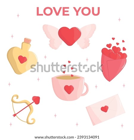 Set of elements for Valentine's Day. Sticker in cartoon style. Vector illustration.