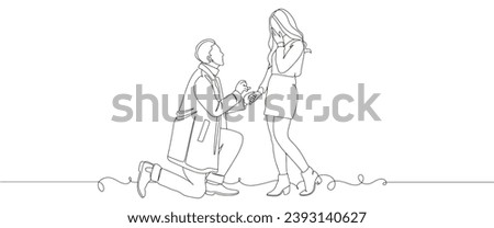The guy makes a marriage proposal to his girlfriend. Line art. Valentine's Day line art vector illustration. Romantic