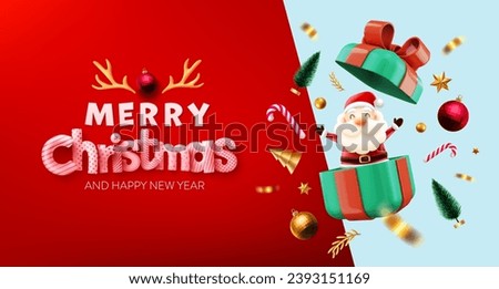 Merry Christmas and Happy New Year Poster or banner with cute santa claus in gift box and christmas element for Retail,Shopping or Christmas Promotion.Vector illustration eps 10