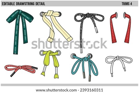 DRAWSTRING CORD FLAT SKETCH SET OF TIE KNOT WITH AGLETS FOR WAIST BAND, BAGS, SHOES, JACKETS, SHORTS, PANTS, DRESS GARMENTS, DRAWCORD AGLETS FOR CLOTHING AND ACCESSORIES VECTOR ILLUSTRATION Royalty-Free Stock Photo #2393160311