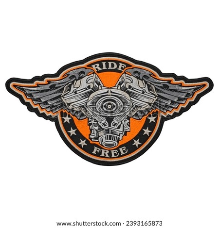 Embroidered patch live free, ride free. Motor. Accessory for bikers, rockers.
