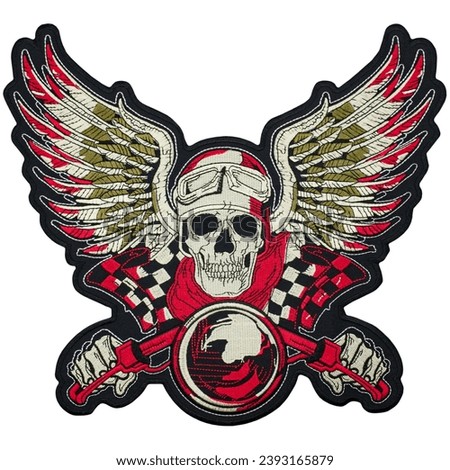 Embroidered patch Skull of a biker in helmet and with wings. Engine pistons Ride. Accessory for rockers, metalheads, punks, goths.