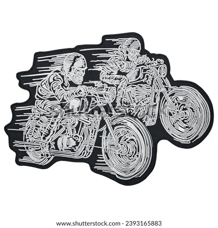 Embroidered patch skeleton on motorcycle in flame. Live free, ride free. Bikers. Accessory for rockers, metalheads, punks, goths.
