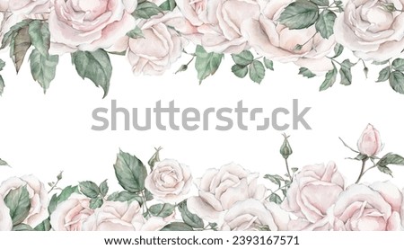 Watercolor seamless frame illustration white creame rose and green leaves isolated on white background. Element hand painted natural plant twigs with ligth pink rose for design