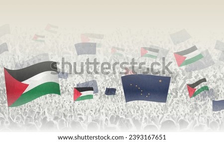 Palestine and Alaska flags in a crowd of cheering people. Crowd of people with flags. Vector illustration.