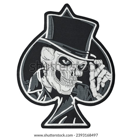 Embroidered patch skull in a top hat. Accessory for rockers, metalheads, punks, goths.