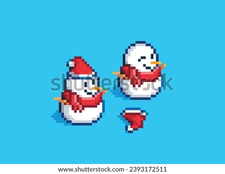 Two snowman wearing Santa hats and Christmas scarves Set on a blue floor, pixel art style, vector illustration isolated on blue background.
