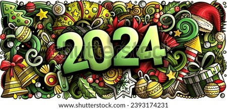 2024 hand drawn doodles horizontal illustration. New Year objects and elements poster design. Creative cartoon holidays art background. Colorful vector drawing