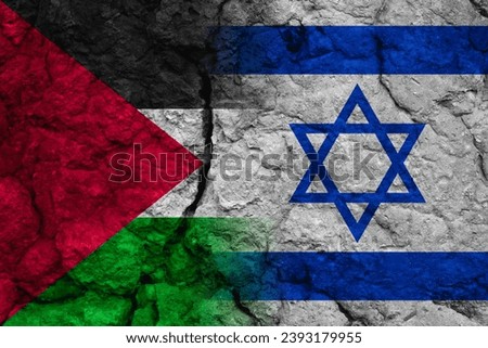 Palestine vs Israel flags are made from ground cracks. showing conflict war and enmity between two states Royalty-Free Stock Photo #2393179955