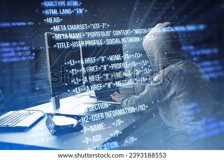 Side view of hacker using computers at desk with creative digital programming language on blurry background. Software developer, hacking, malware and html concept. Double exposure