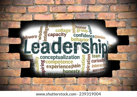 Business Concept - Hole in The Brick Wall Fill With Word Cloud Of Leadership And Its Related Words. 