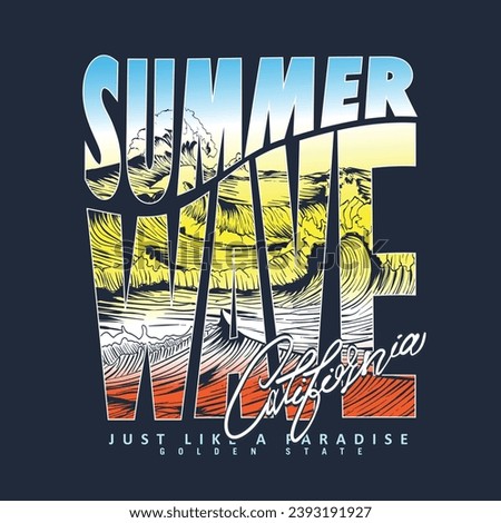 Summer Wave Slogan Text print in vector graphic, hand drawn wave outline , California golden state , its a T-shirt print for summer, 