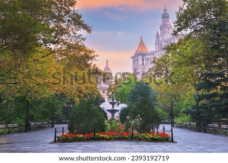  New York, USA at City Hall Park Fountain in the morning time. Royalty-Free Stock Photo #2393192719