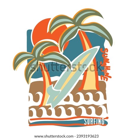 Art of Tropical summer beach vibes, Artistic palm tree with beach waves vector also sunset, summer vibes hand draw, summer slogan with beach illustration, Hawaii, Aloha surf typograph.