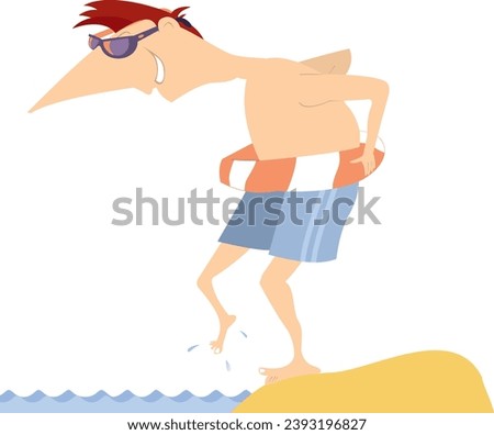 Beach. Man with lifebuoy standing near the water.
Cartoon swimmer man with lifebuoy stands on the shore and put one leg to the water to measure the temperature
