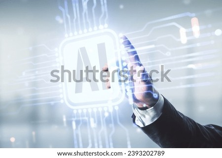 Double exposure of man hand presses on creative artificial Intelligence icon on blurred office background. Neural networks and machine learning concept