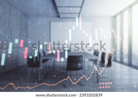 Multi exposure of virtual creative financial graph and world map on a modern conference room background, forex and investment concept