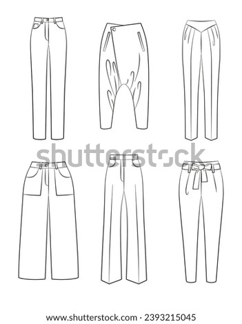 Set of vector different women trousers isolated on white background