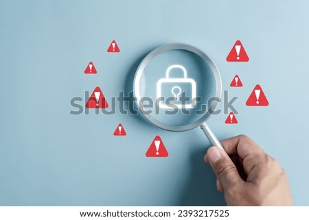 System warning caution sign, scam virus attack on firewall for notification error and maintenance. Network security vulnerability, data breach, illegal connection and information danger.