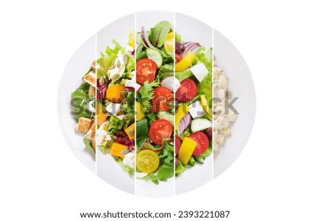 food collage of various salad in a plate isolated on white background, top view