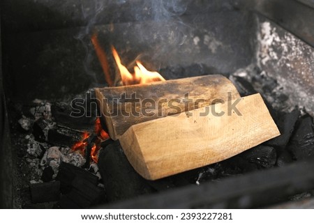charcoal barbecue lit wood with fire for roasts taste 

