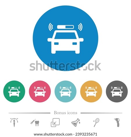 Flashing police car flat white icons on round color backgrounds. 6 bonus icons included.