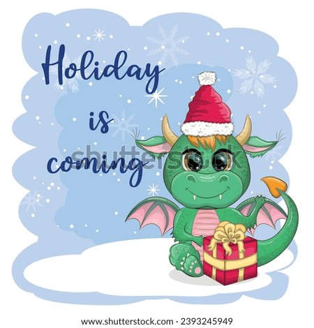 The holiday is coming. Cute cartoon green dragon in santa hat. 2024 new year, chinese calendar